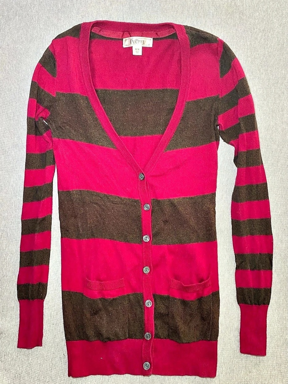 Decree Pink & Brown Striped Cardigan Sweater Size M Long V-Neck Button Up Y2K